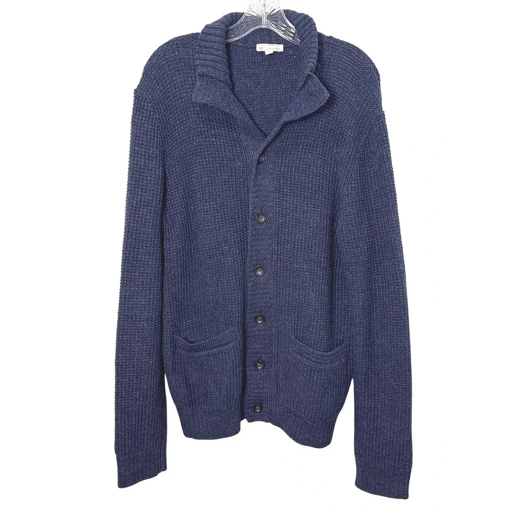 Gap Mens Waffle Knit Cardigan Large‎ Blue Cotton Academia Grandpa Preppy Classic